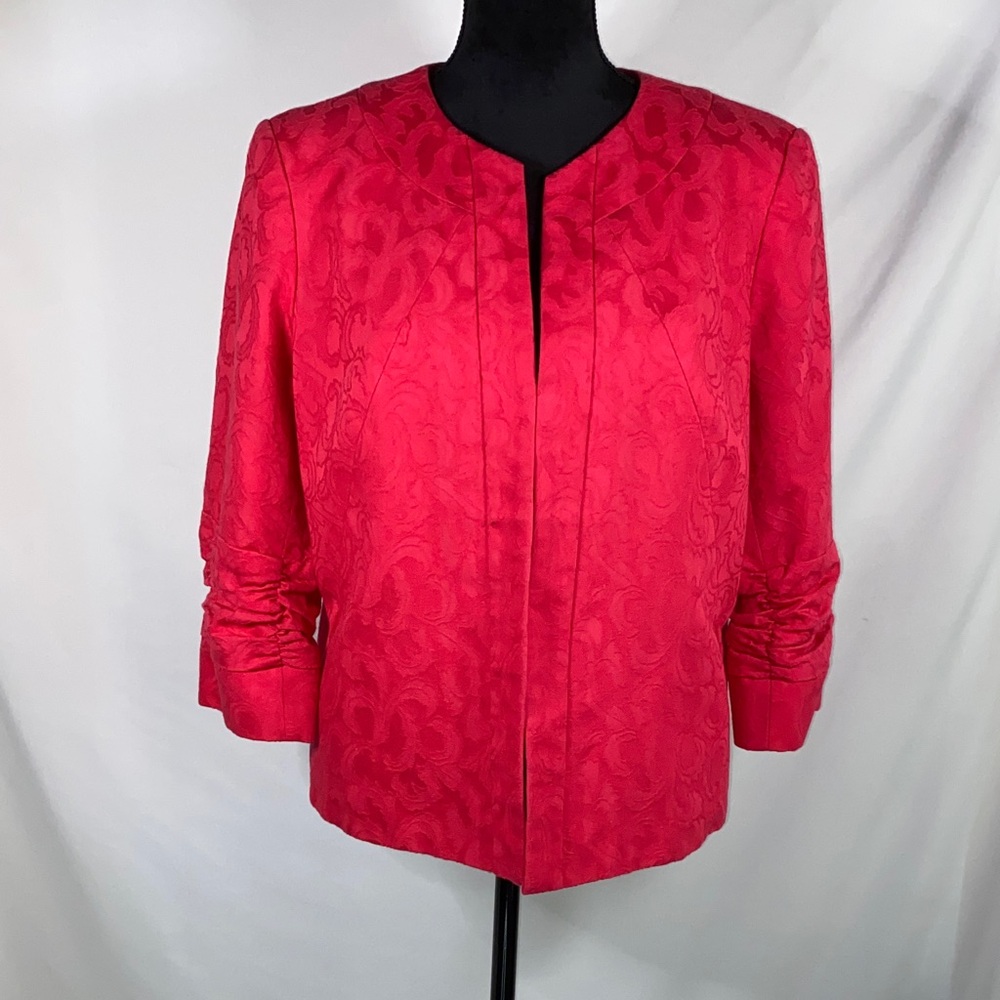 Coldwater Creek Red Floral Ruched 3/4 Sleeve Blazer Tailored Open Front Jacket 1